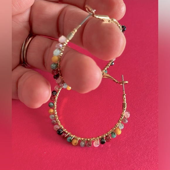 Ladies hoop earrings, gold with colorful shiny beads all around the hoops. - Picture 10 of 11
